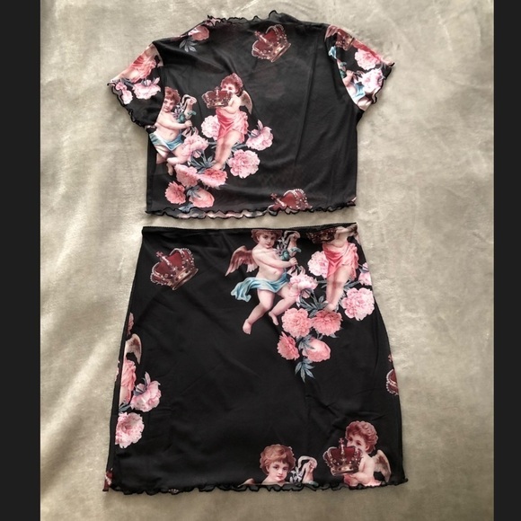 Women’s 2 piece Mesh Set Large Angel Print Y2K Scallop Hem Koket Cutesy girlie - Picture 1 of 4